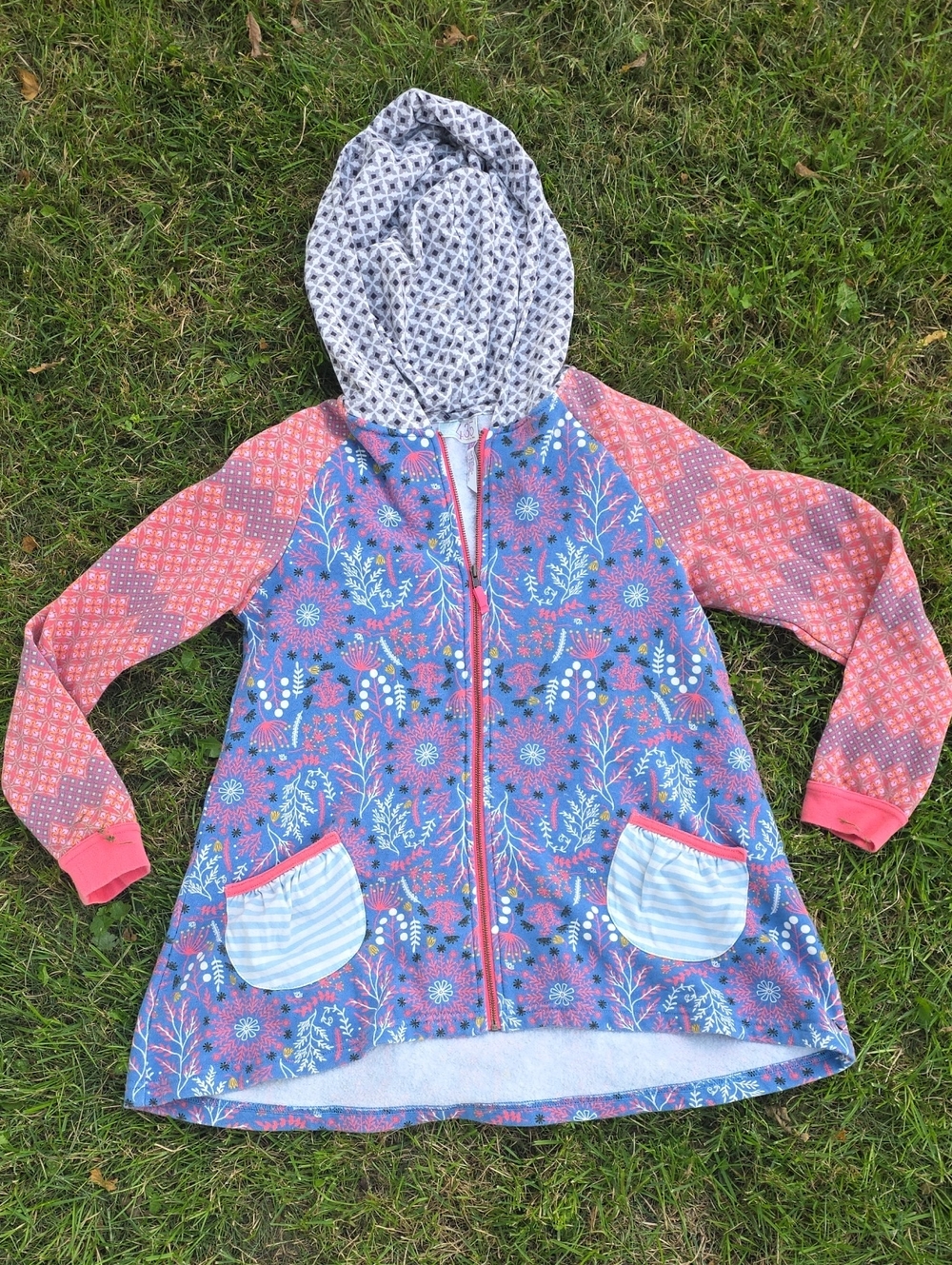 Matilda Jane Girls' Floral Hooded Zip-Up Top in Blue and Coral, Size 12